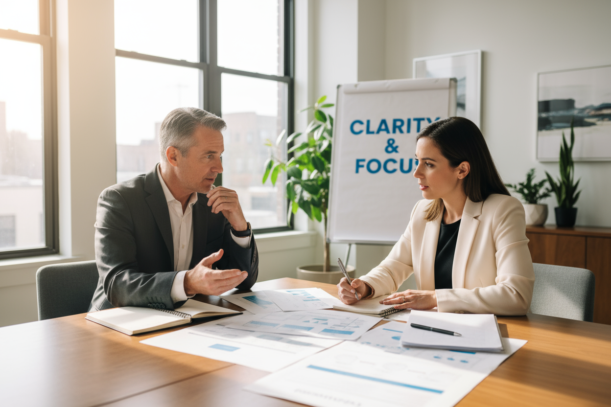 Consultant and nonprofit leader discussing AI strategy during readiness audit.