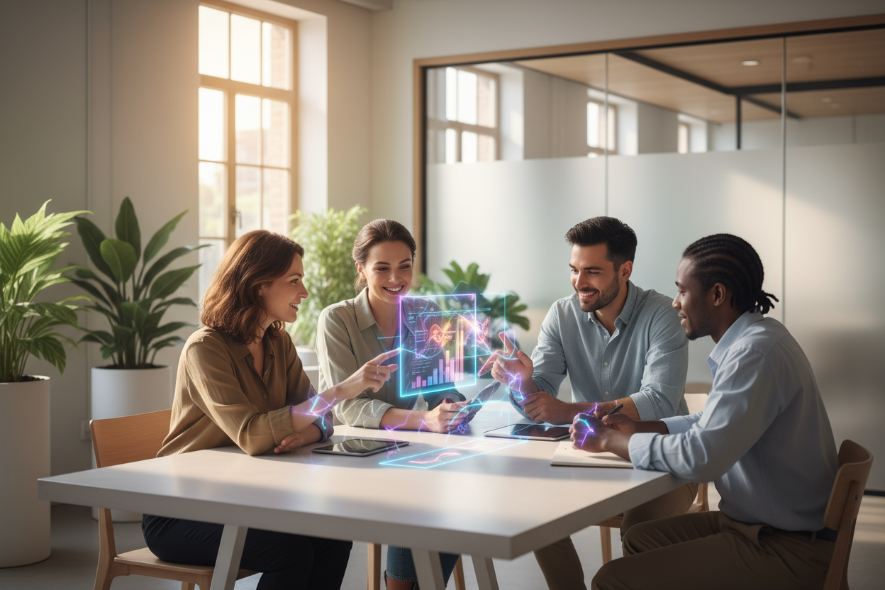 A bright, modern workspace showing a small, diverse team collaborating with gentle digital light overlays representing AI. The mood is warm, human, and purposeful — technology enhancing their teamwork, not replacing it. Natural lighting, clean design, optimistic tone.